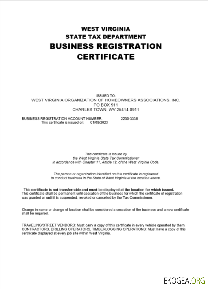 Modèle Word et PDF de certificat d'enregistrement de société en Virginie Occidentale aux États Unis